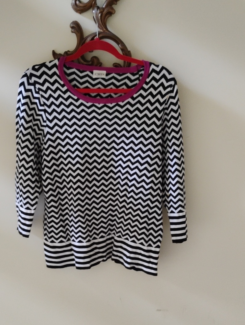 Black and White Chevron Sweater with Pink Trim